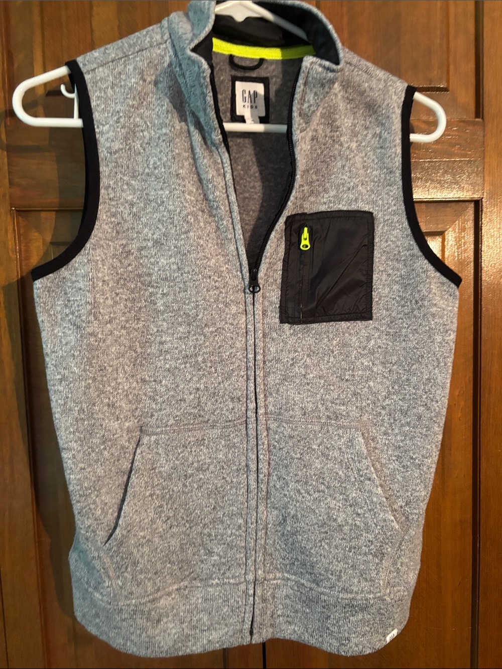 GAP Gray Fleece Vest with Black Pocket and Neon Yellow Accent